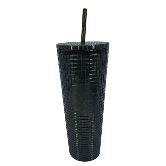 STARBUCKS 2021 EMERALD GREEN JEWELED GRID Venti 24 oz Tumbler Cup Swirly Straw - Picture 1 of 10